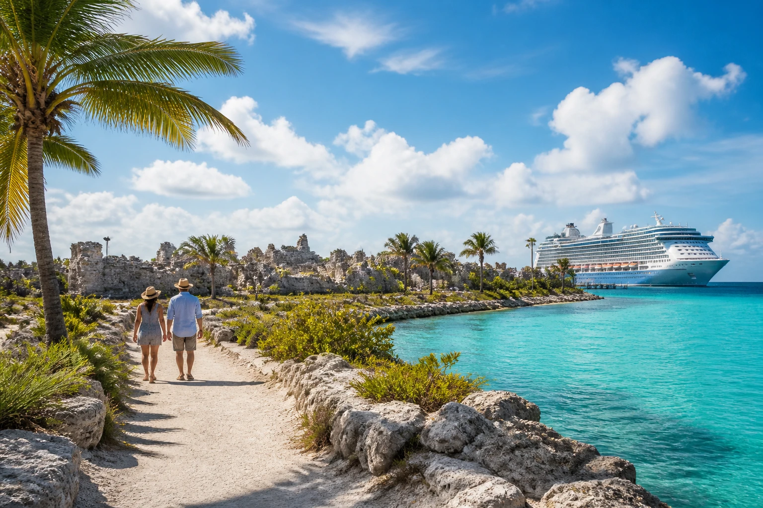 Representative cruise port destination view: Celebration Key, Bahamas; passenger waterfront and harbor water, not an exact landmark photograph.