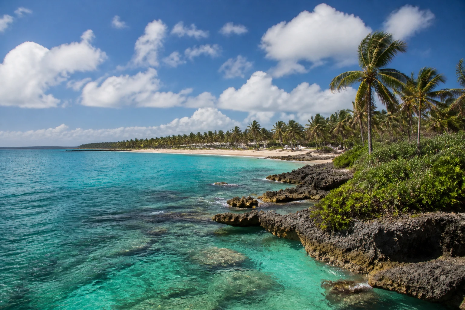 Representative coastal destination view: Bayahibe and La Romana, Dominican Republic; coastline and regional vegetation, not an exact landmark photograph.