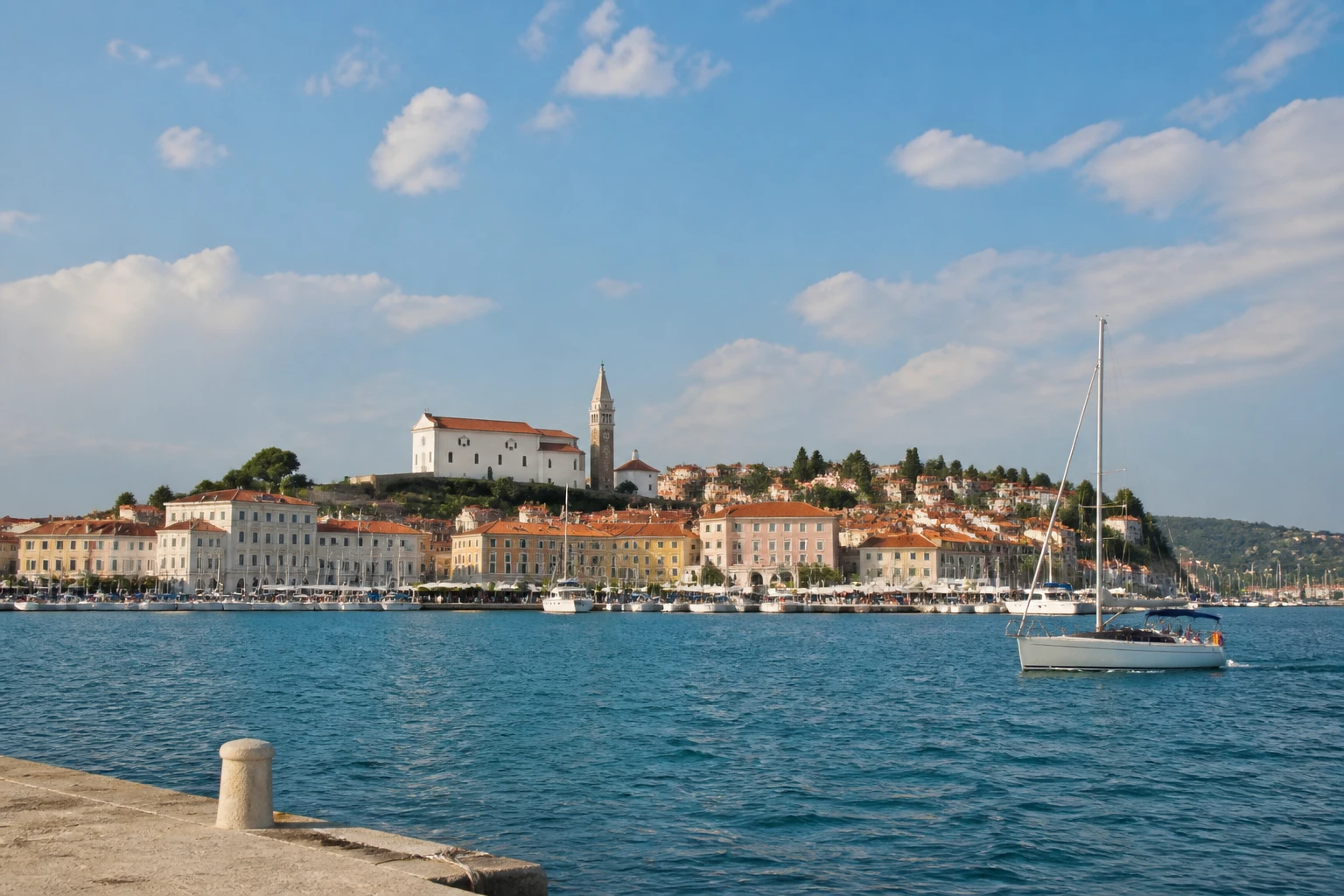 Representative cruise port destination view: Piran, Slovenia; passenger waterfront and harbor water, not an exact landmark photograph.