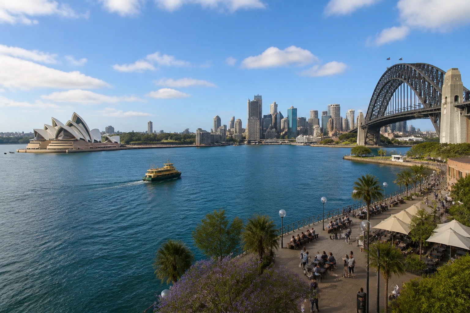 Representative city destination view: Sydney, Australia; passenger waterfront and harbor water, not an exact landmark photograph.