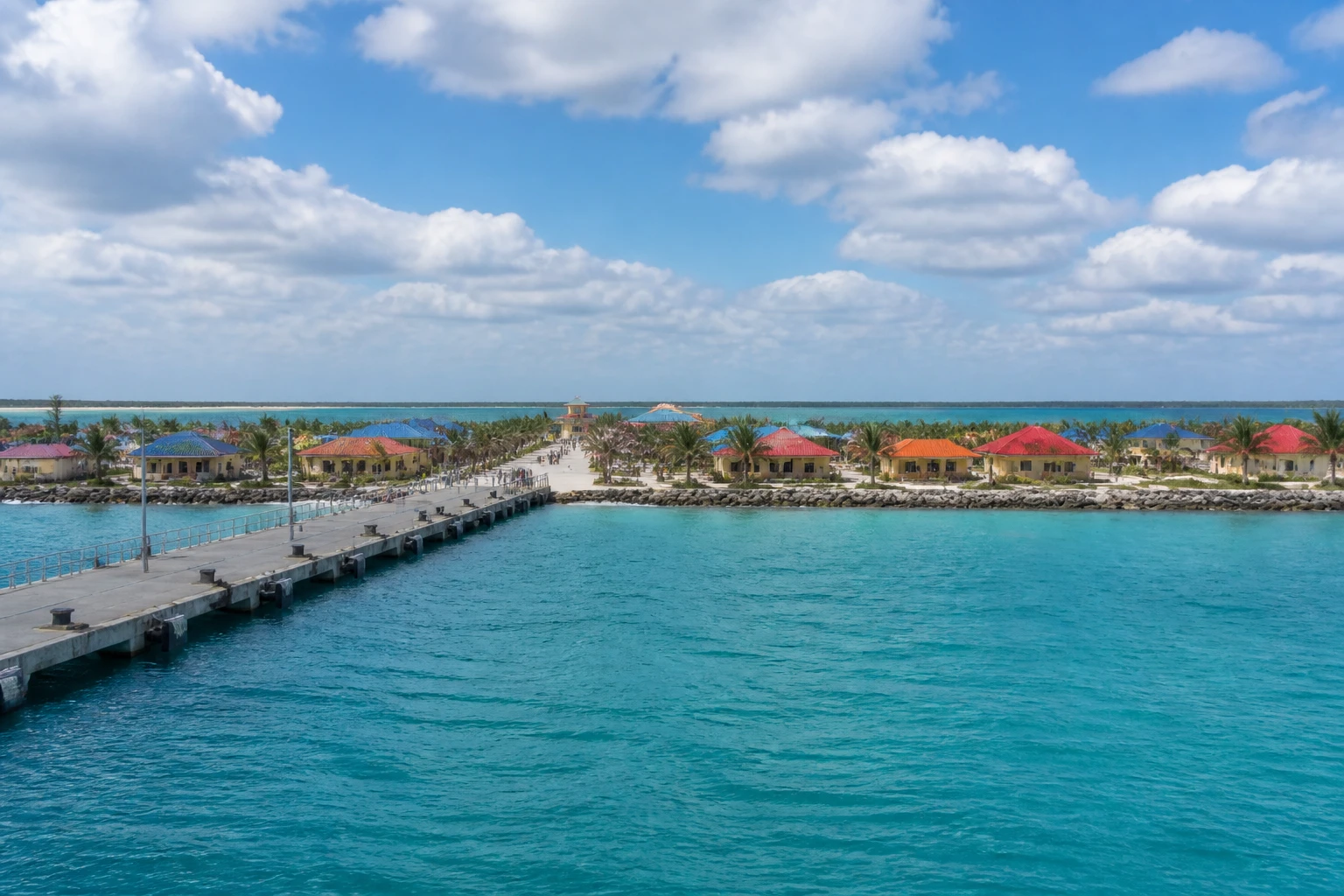 Representative cruise port destination view: Ocean Cay, Bahamas; passenger waterfront and harbor water, not an exact landmark photograph.