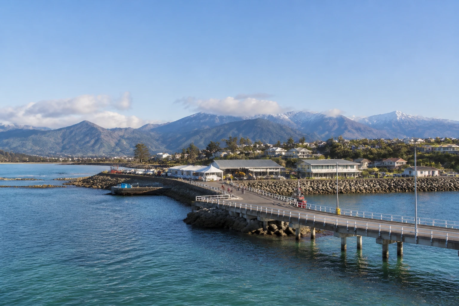 Representative cruise port destination view: Kaikoura, New Zealand; passenger waterfront and harbor water, not an exact landmark photograph.