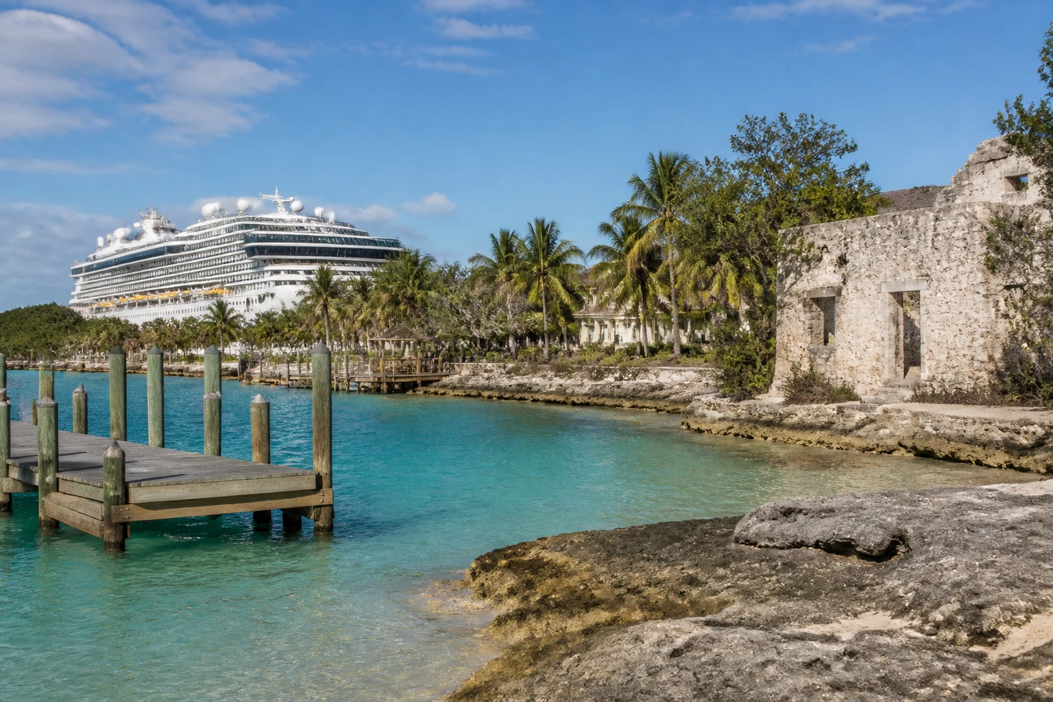 Representative cruise port destination view: Bimini, Bahamas; passenger waterfront and harbor water, not an exact landmark photograph.