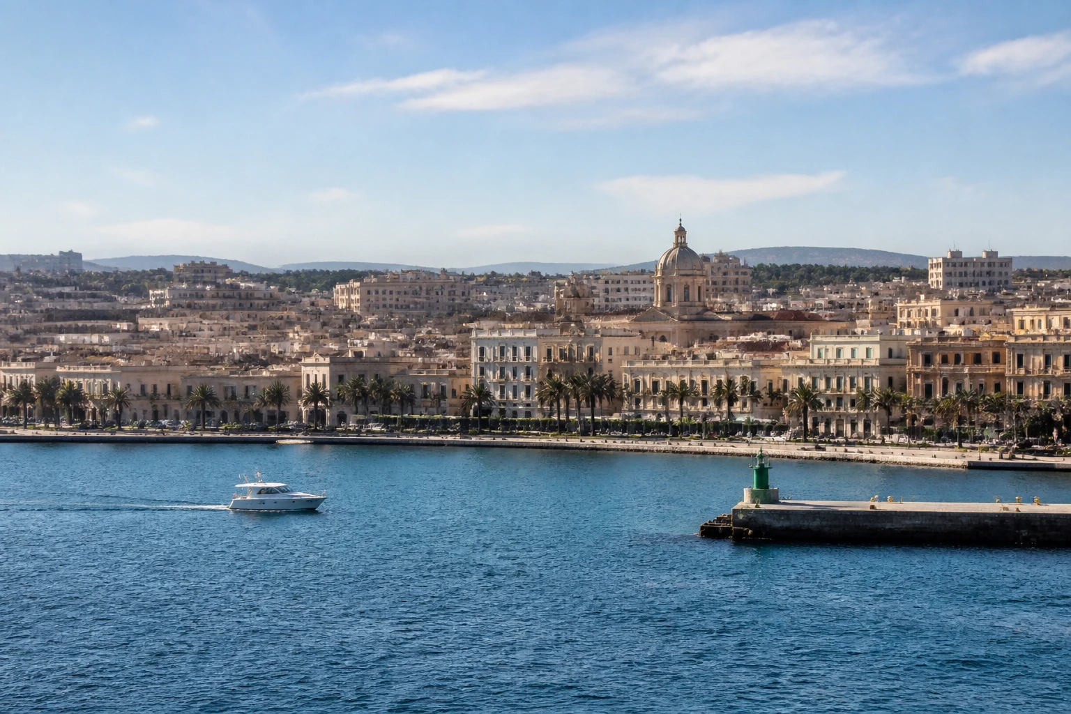 Representative cruise port destination view: Syracuse, Italy; passenger waterfront and harbor water, not an exact landmark photograph.