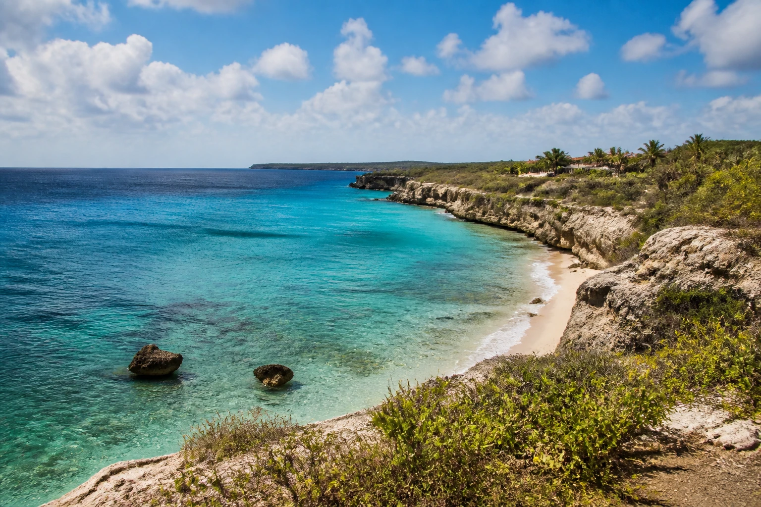 Representative island destination view of Curacao, with coastline, shoreline geology, regional vegetation, and natural light; not an exact landmark photograph.