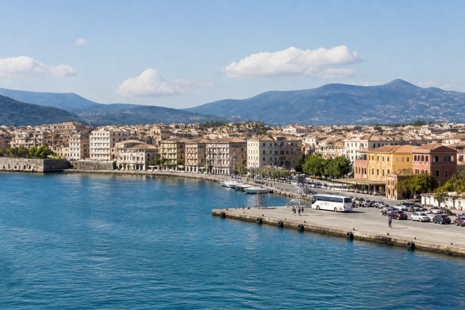 Representative cruise port destination view: Corfu, Greece; passenger waterfront and harbor water, not an exact landmark photograph.