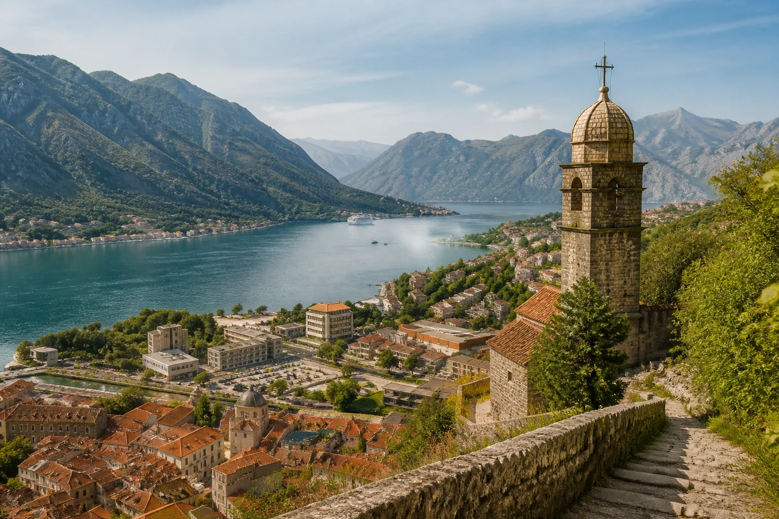Representative historic city destination view: Kotor, Montenegro; passenger waterfront and harbor water, not an exact landmark photograph.