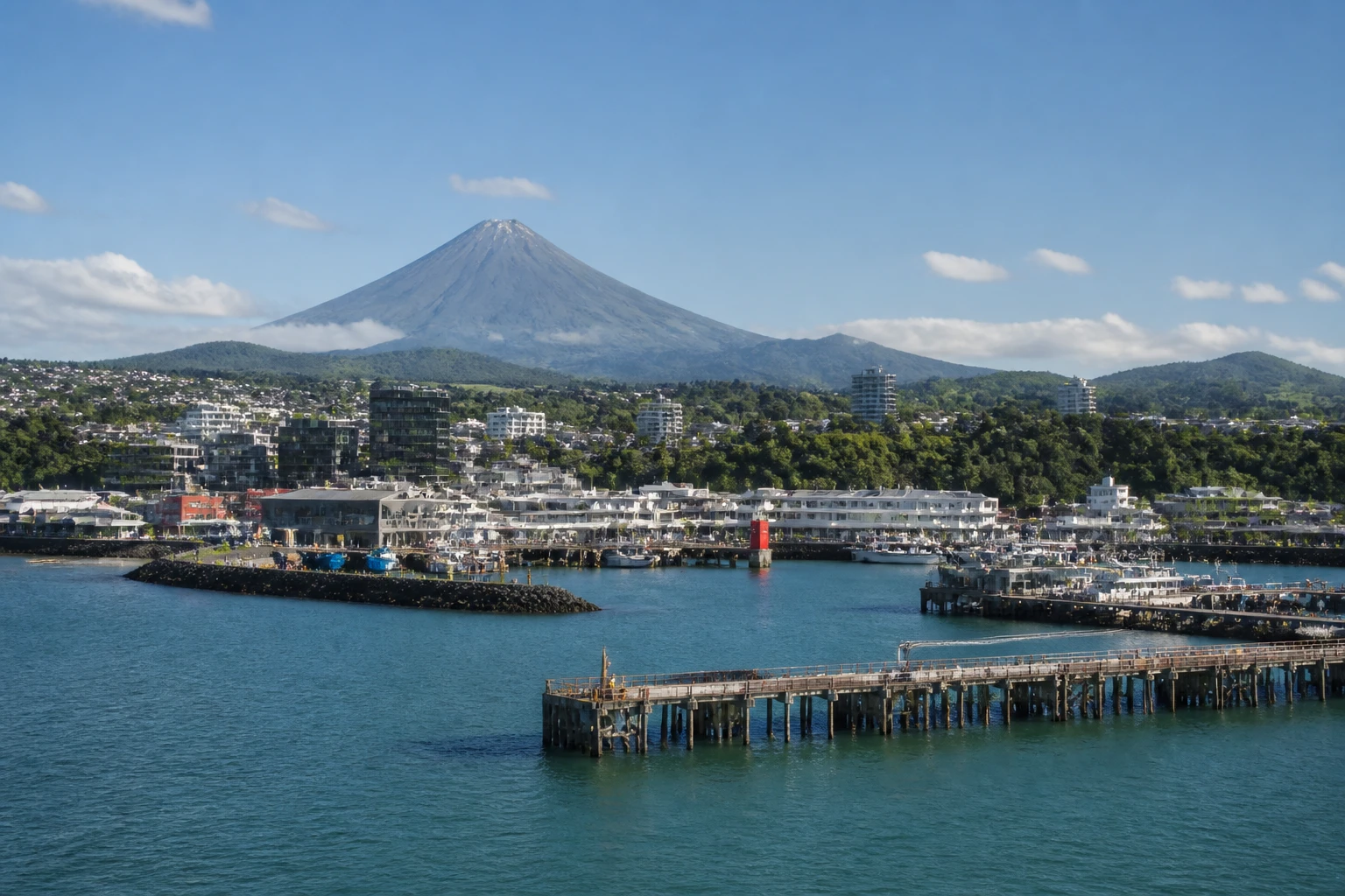 Representative cruise port destination view: New Plymouth, New Zealand; passenger waterfront and harbor water, not an exact landmark photograph.
