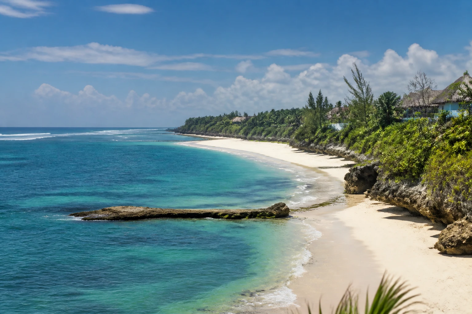 Representative coastal destination view: Mombasa and Diani Beach, Kenya; coastline and regional vegetation, not an exact landmark photograph.