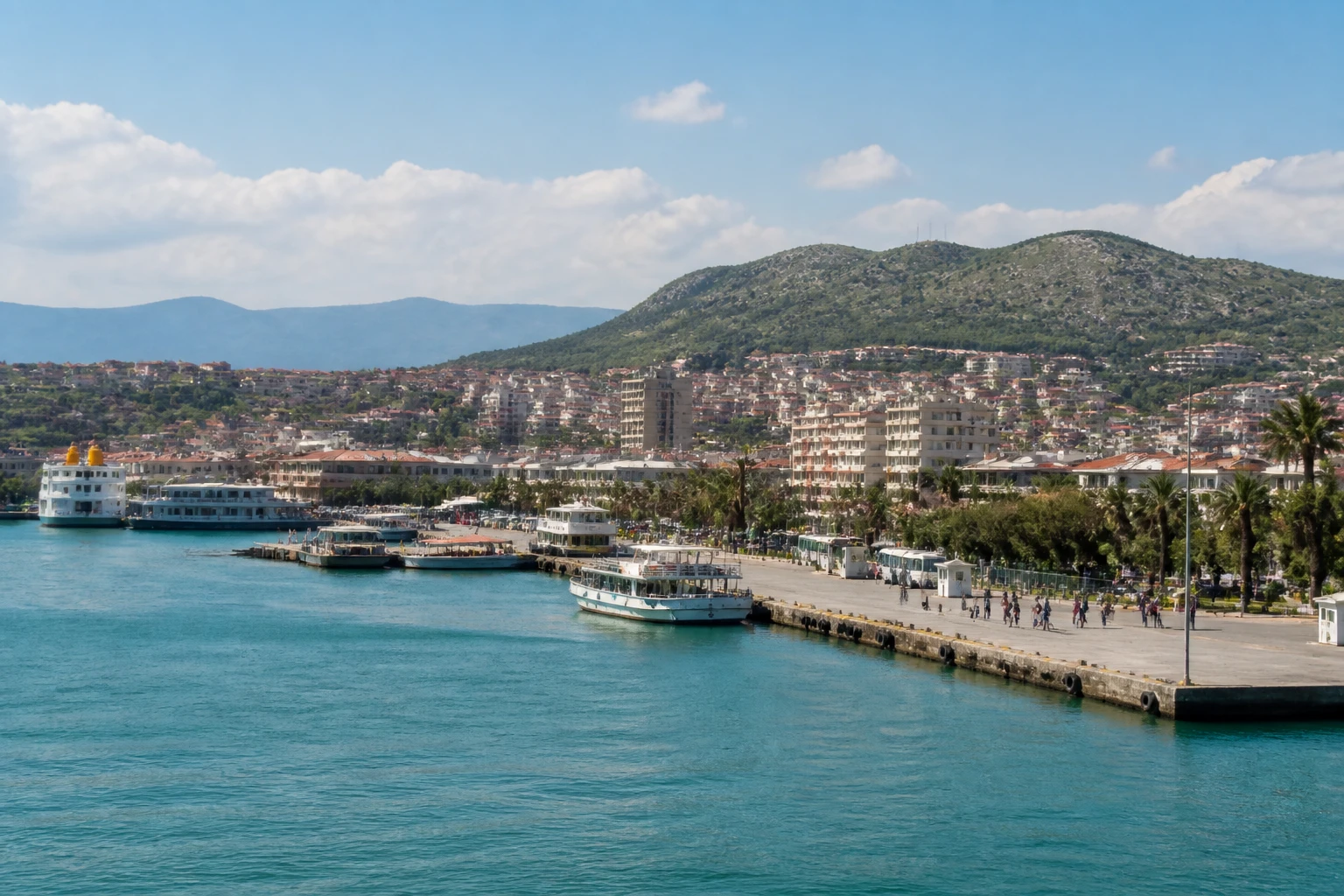 Representative cruise port destination view: Pergamon, Turkiye; passenger waterfront and harbor water, not an exact landmark photograph.
