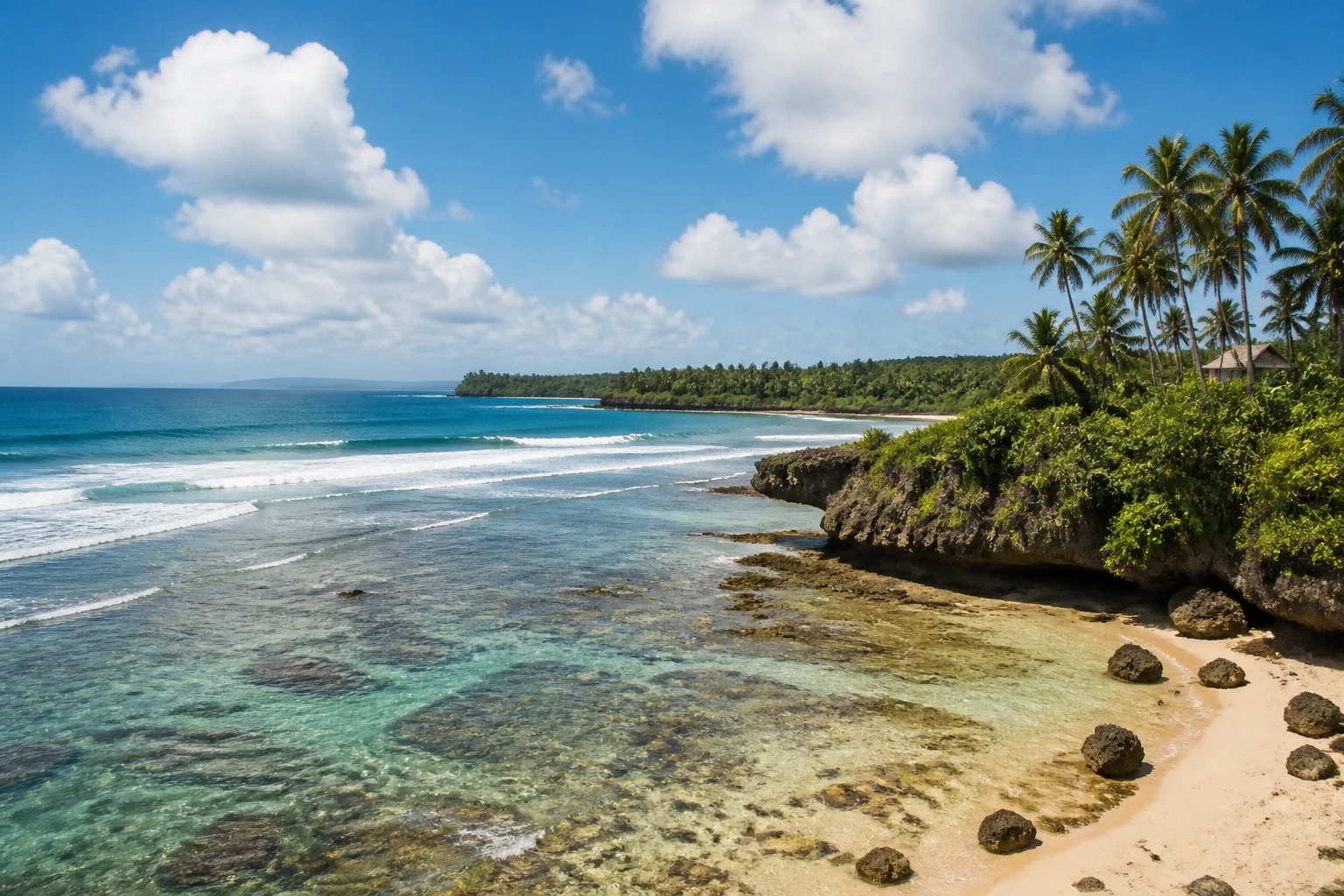 Representative island destination view: Siargao, Philippines; coastline and regional vegetation, not an exact landmark photograph.