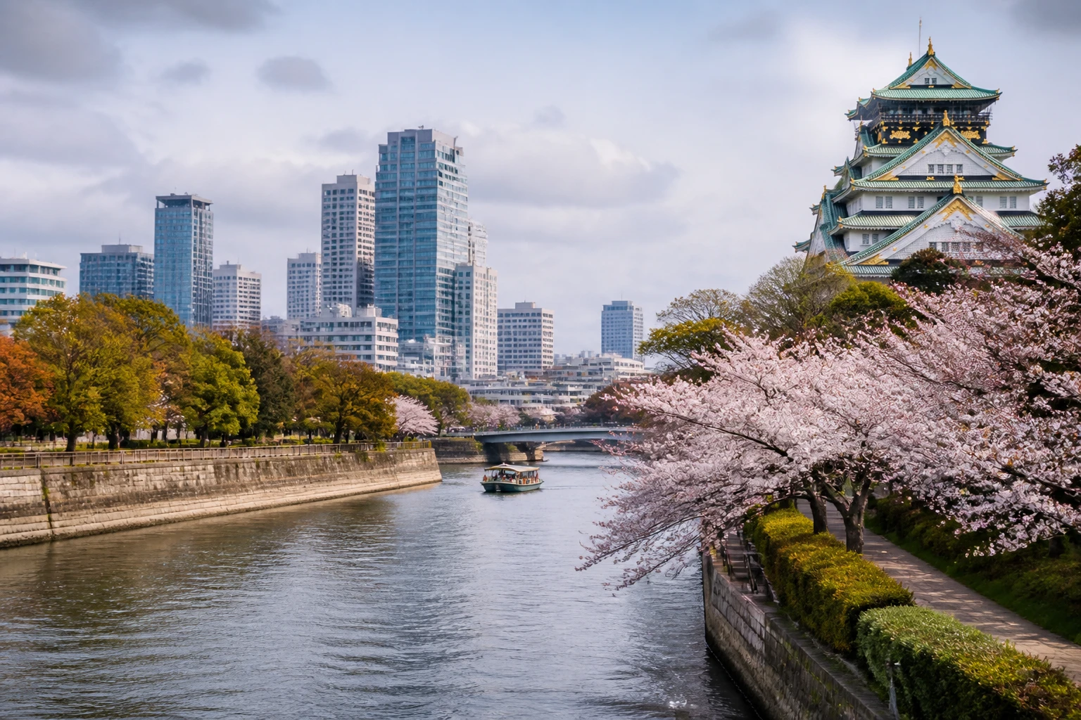 Representative city destination view: Osaka, Japan; passenger waterfront and harbor water, not an exact landmark photograph.