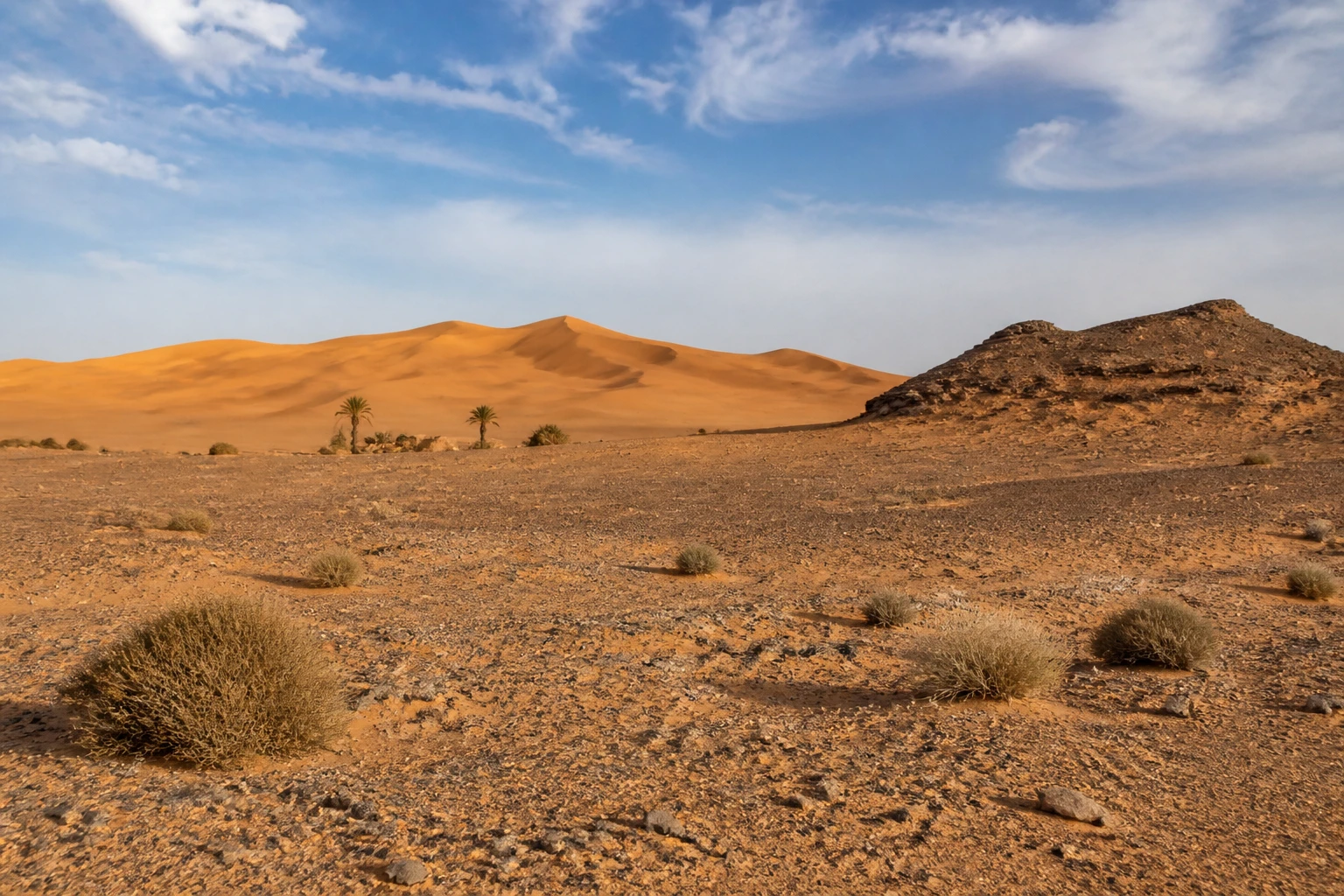 Representative desert destination view: Sahara Desert and Merzouga, Morocco; desert terrain and sparse vegetation, not an exact landmark photograph.
