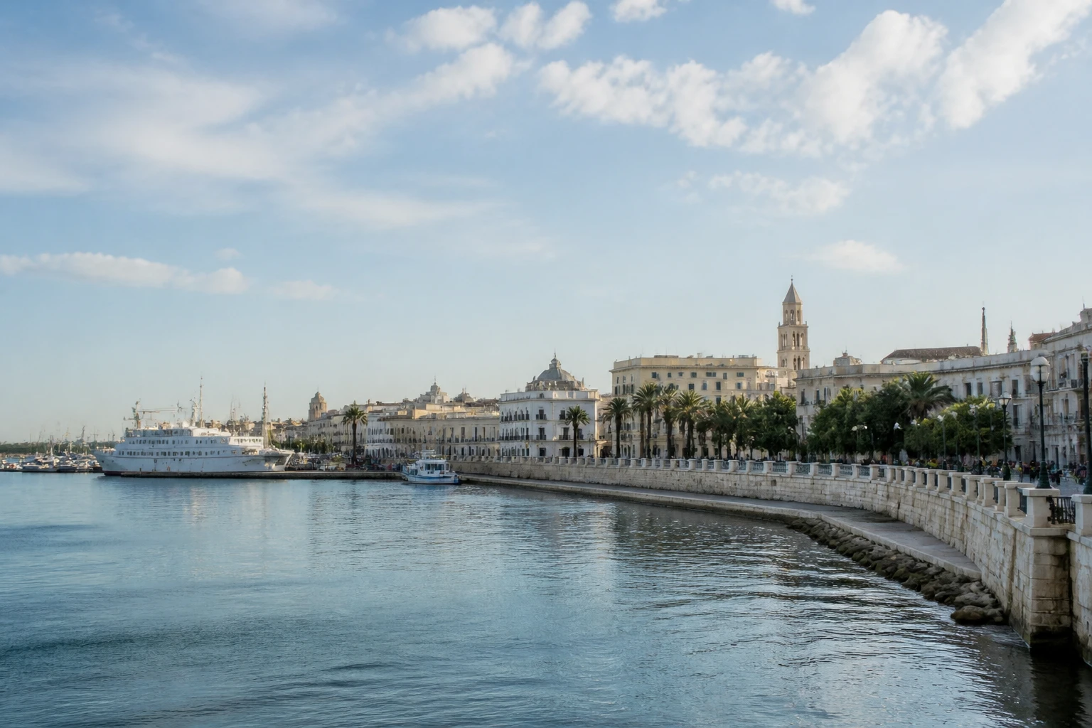 Representative cruise port destination view: Bari, Italy; passenger waterfront and harbor water, not an exact landmark photograph.