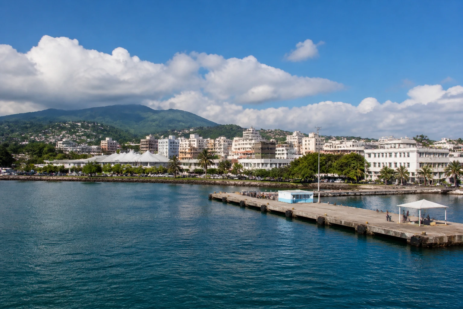 Representative cruise port destination view: Pointe-a-Pitre, France; passenger waterfront and harbor water, not an exact landmark photograph.