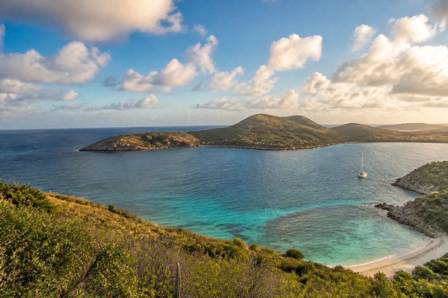 Representative island destination view of Antigua, with coastline, shoreline geology, regional vegetation, and natural light; not an exact landmark photograph.