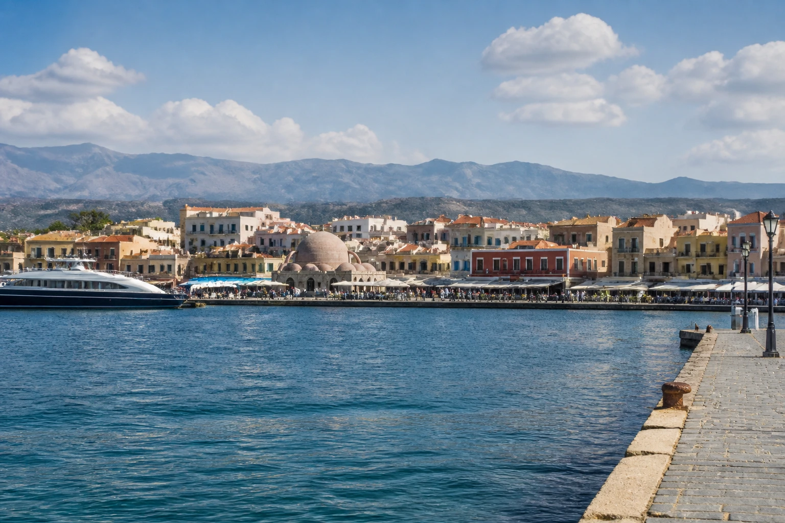 Representative cruise port destination view: Chania, Greece; passenger waterfront and harbor water, not an exact landmark photograph.
