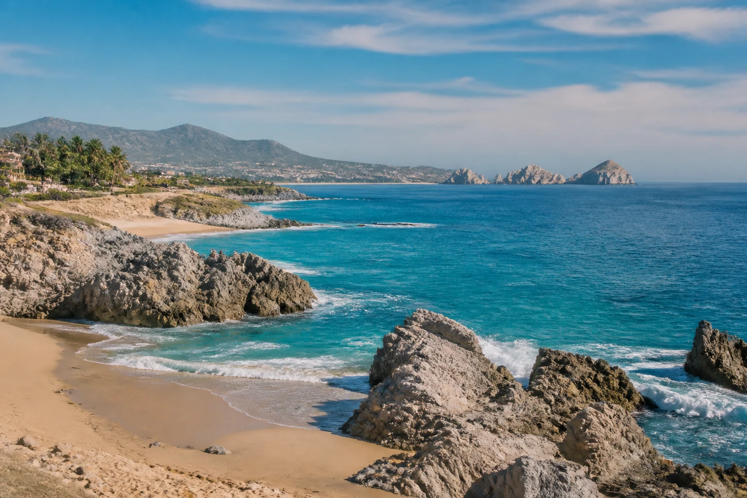 Representative coastal destination view: Los Cabos, Mexico; coastline and regional vegetation, not an exact landmark photograph.