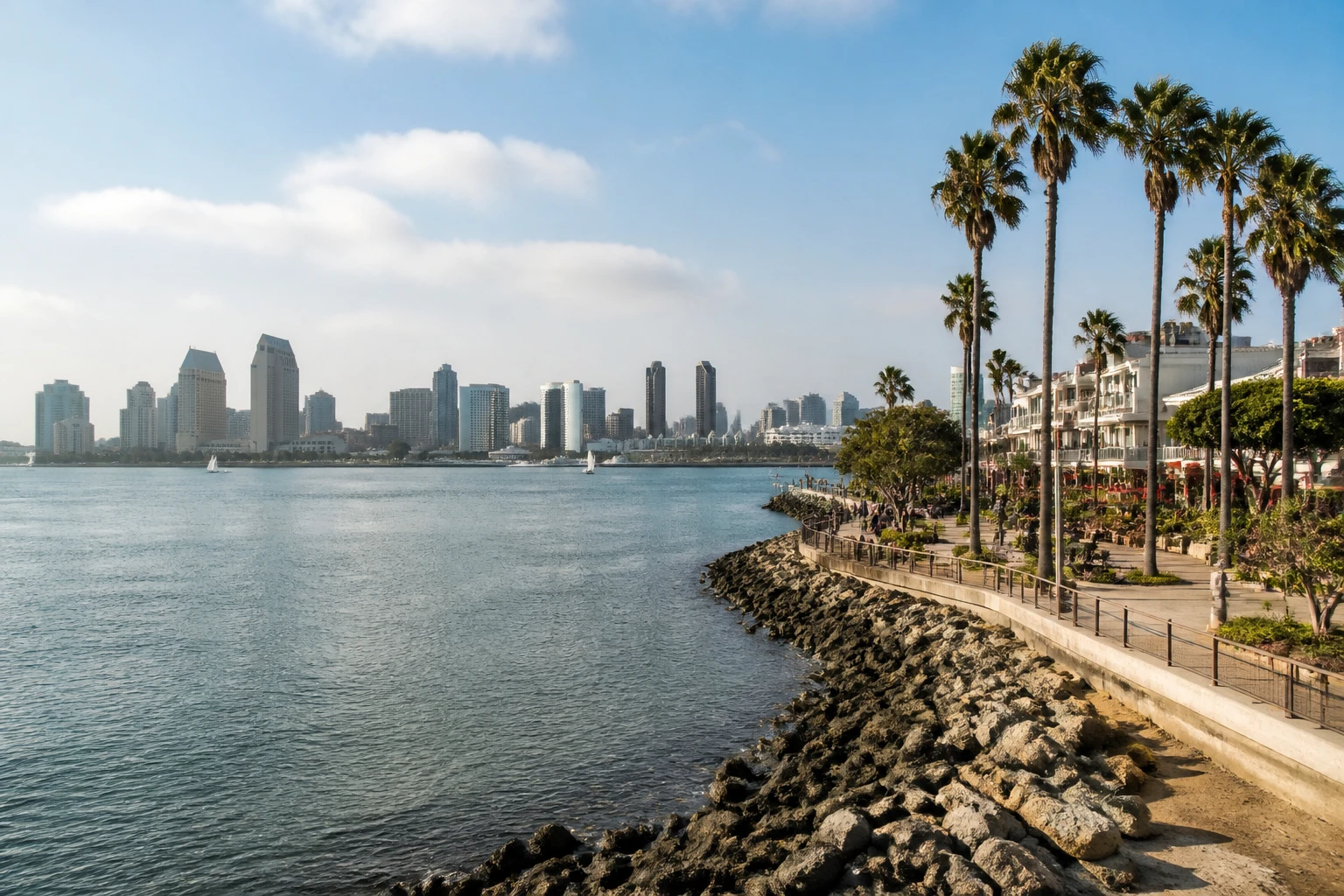 Representative city destination view: San Diego, United States; passenger waterfront and harbor water, not an exact landmark photograph.