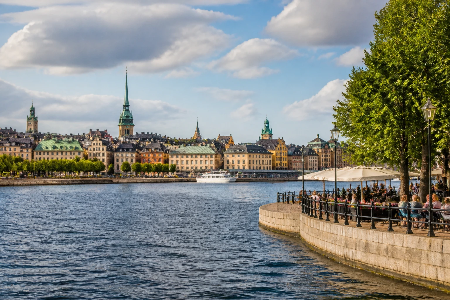 Representative city destination view: Stockholm, Sweden; passenger waterfront and harbor water, not an exact landmark photograph.