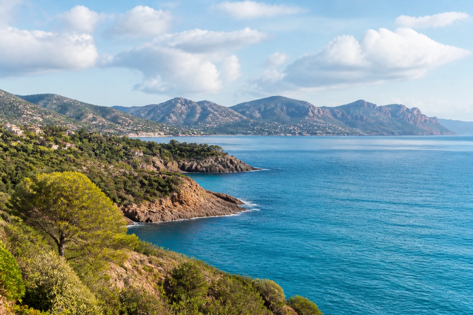 Representative coastal destination view: French Riviera, France; coastline and regional vegetation, not an exact landmark photograph.