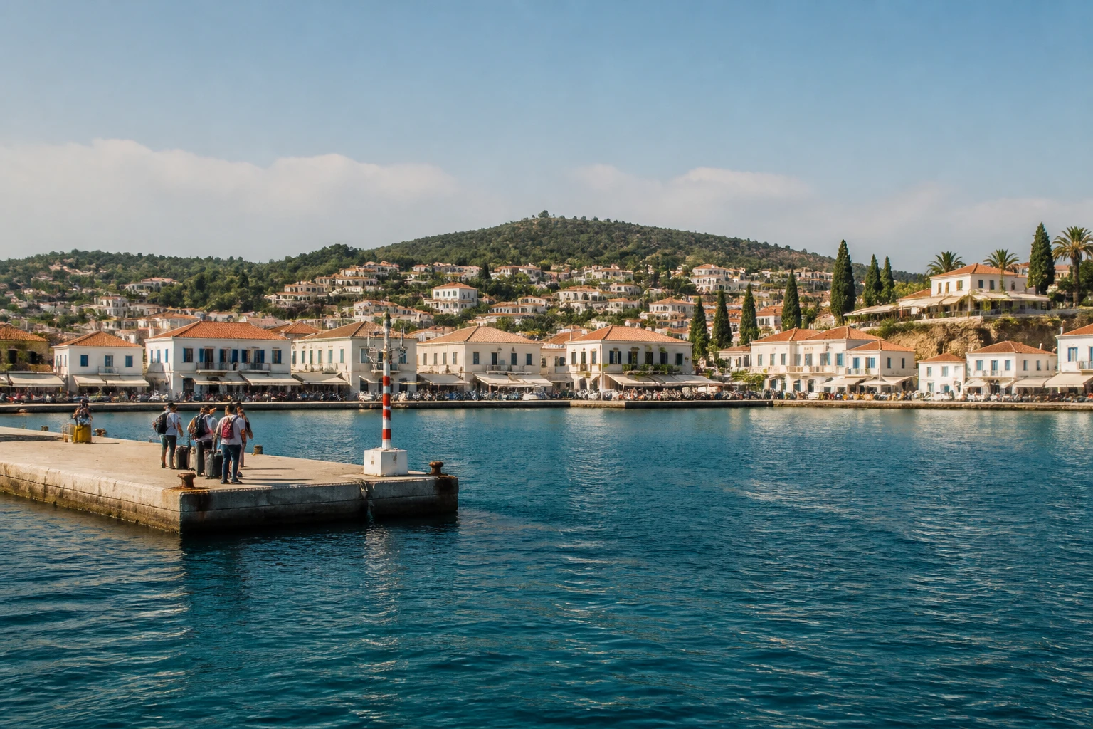 Representative cruise port destination view: Spetsai, Greece; passenger waterfront and harbor water, not an exact landmark photograph.