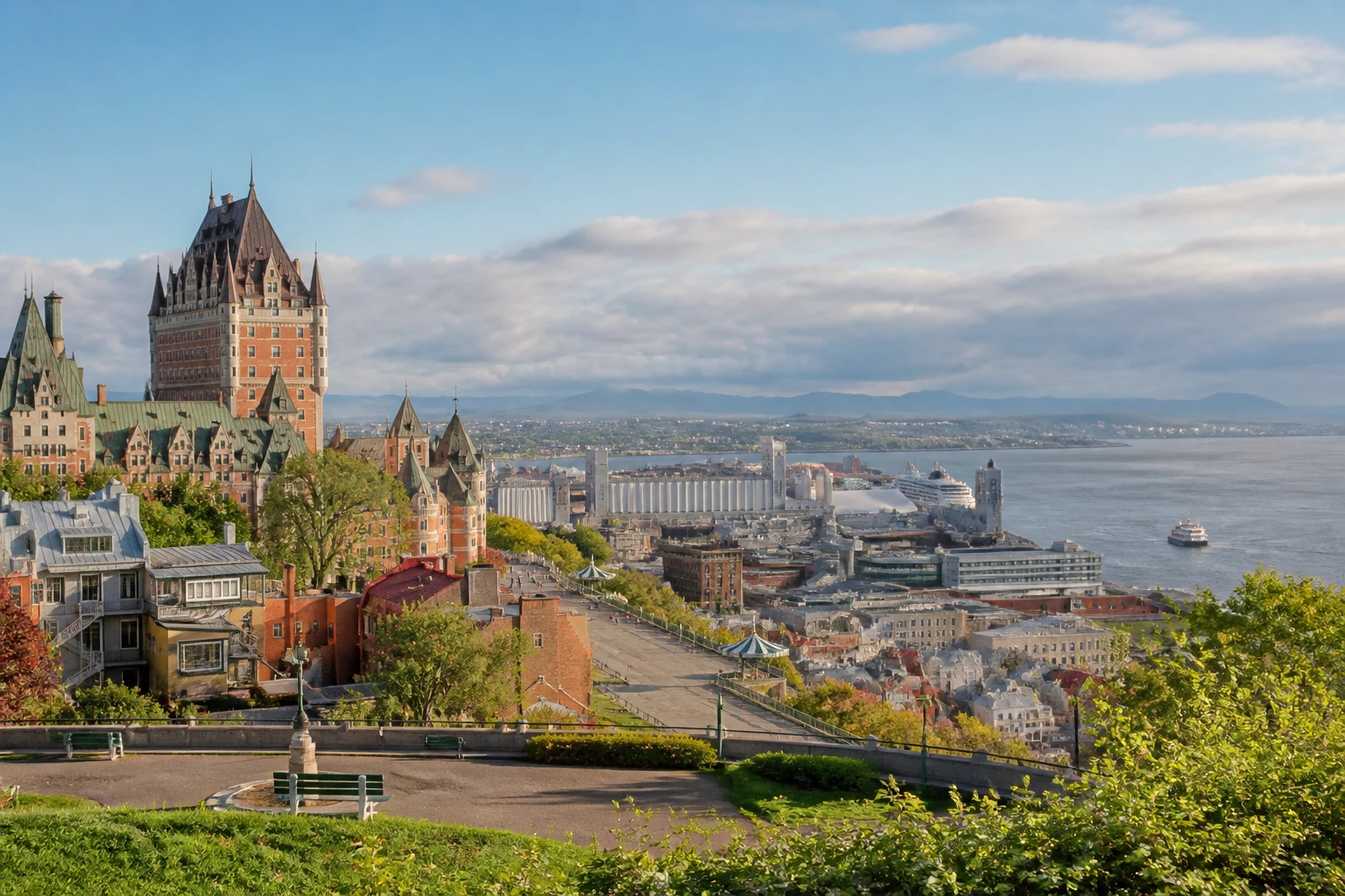 Representative city destination view: Montreal, Canada; passenger waterfront and harbor water, not an exact landmark photograph.