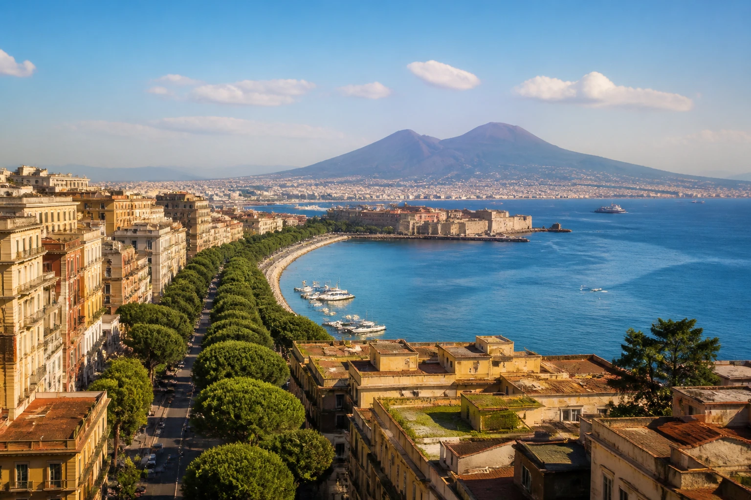Representative city destination view: Naples, Italy; passenger waterfront and harbor water, not an exact landmark photograph.