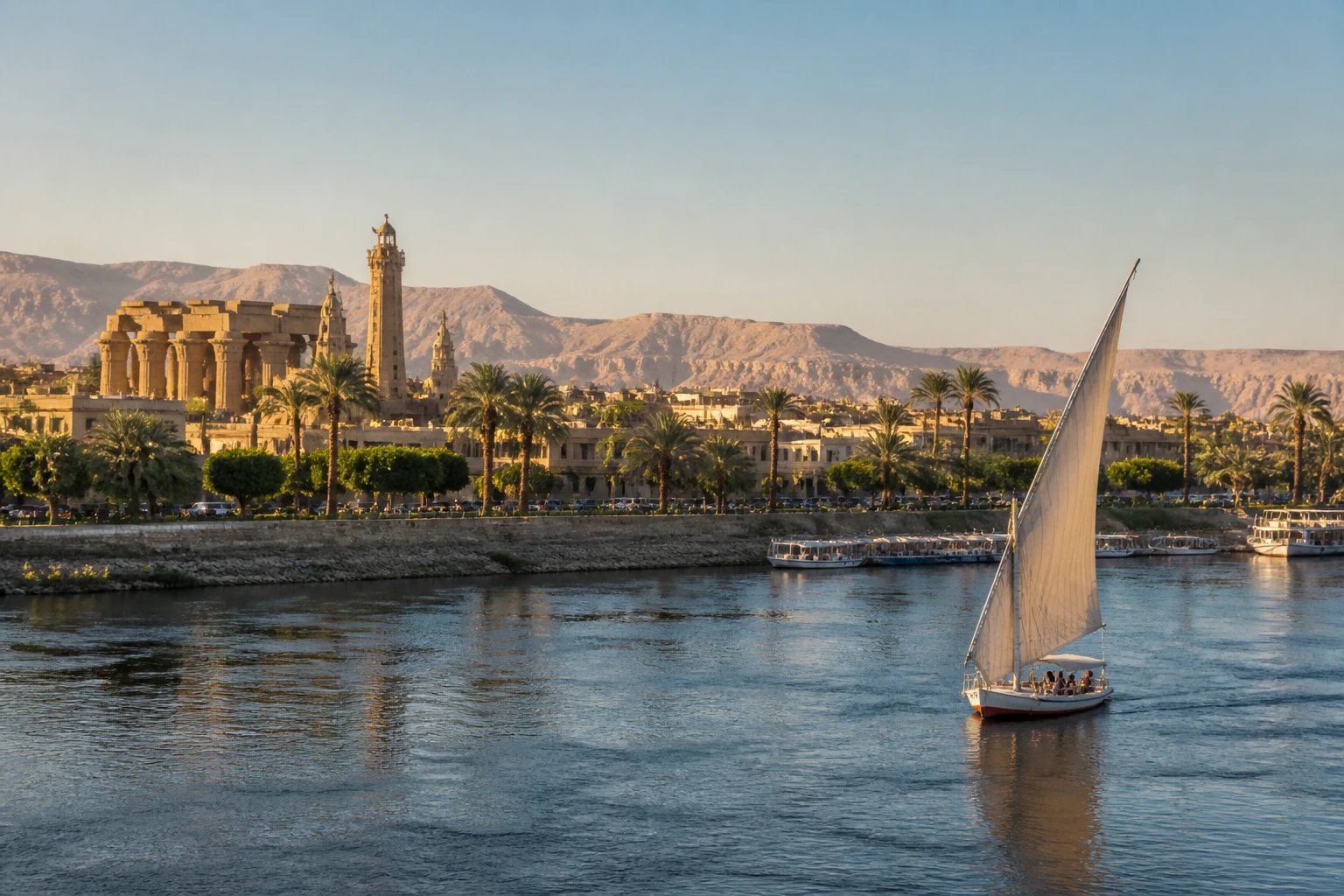Representative river destination view of Luxor in Egypt, with inland water, regional terrain, vegetation, and natural light; not an exact landmark photograph.