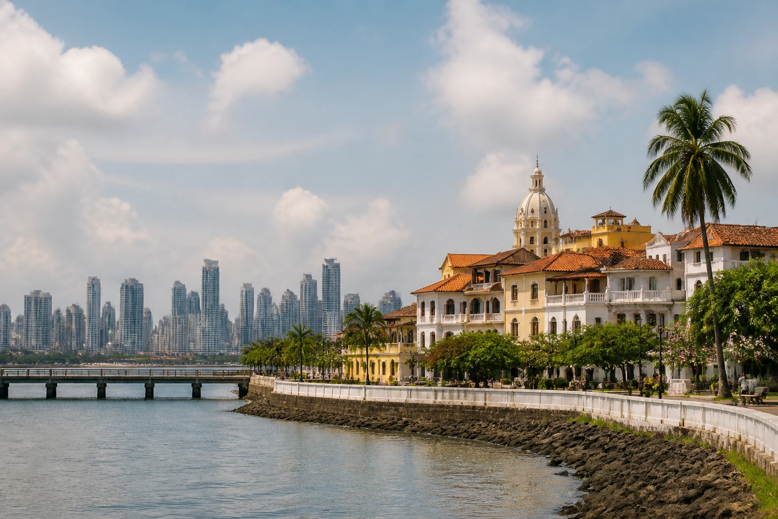 Representative city destination view: Panama City; passenger waterfront and harbor water, not an exact landmark photograph.