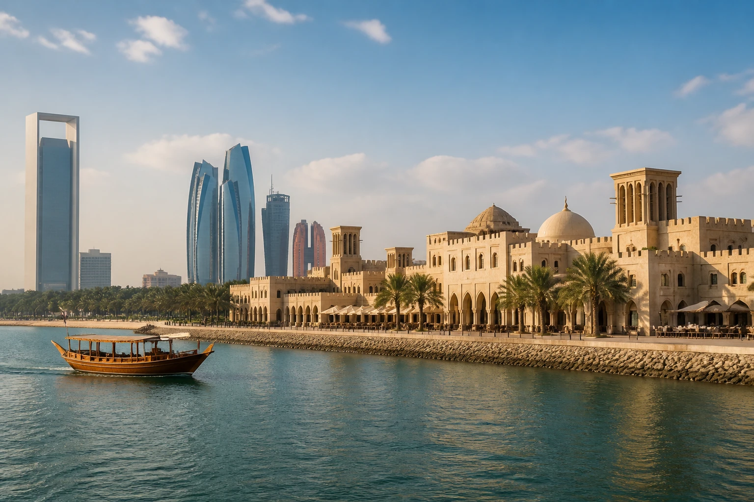 Representative city destination view: Abu Dhabi, United Arab Emirates; passenger waterfront and harbor water, not an exact landmark photograph.