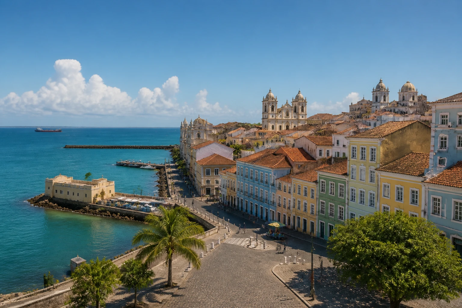 Representative historic city destination view: Salvador da Bahia, Brazil; passenger waterfront and harbor water, not an exact landmark photograph.