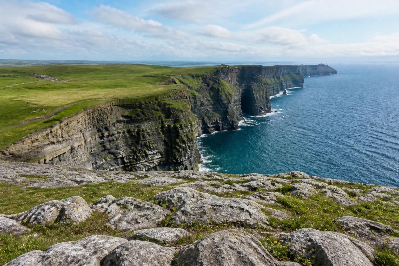 Representative nature destination view: Cliffs of Moher and the Burren, Ireland; regional terrain and vegetation, not an exact landmark photograph.