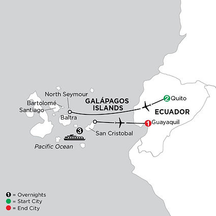 Official Globus route map for Independent Galapagos Cruise aboard the Galapagos Legend, traveling from Quito to Guayaquil