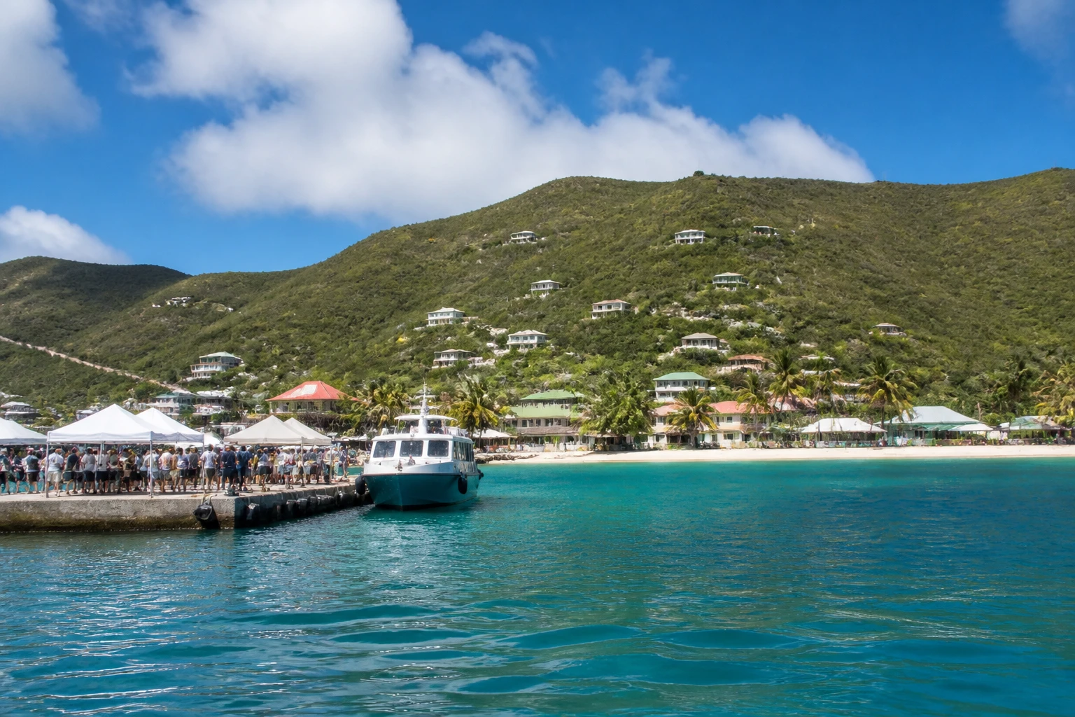 Representative cruise port destination view: Jost Van Dyke, British Virgin Islands; passenger waterfront and harbor water, not an exact landmark photograph.