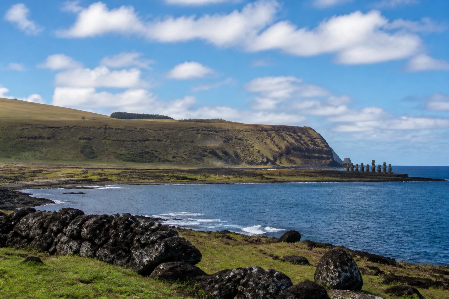 Representative island destination view: Easter Island, Chile; coastline and regional vegetation, not an exact landmark photograph.