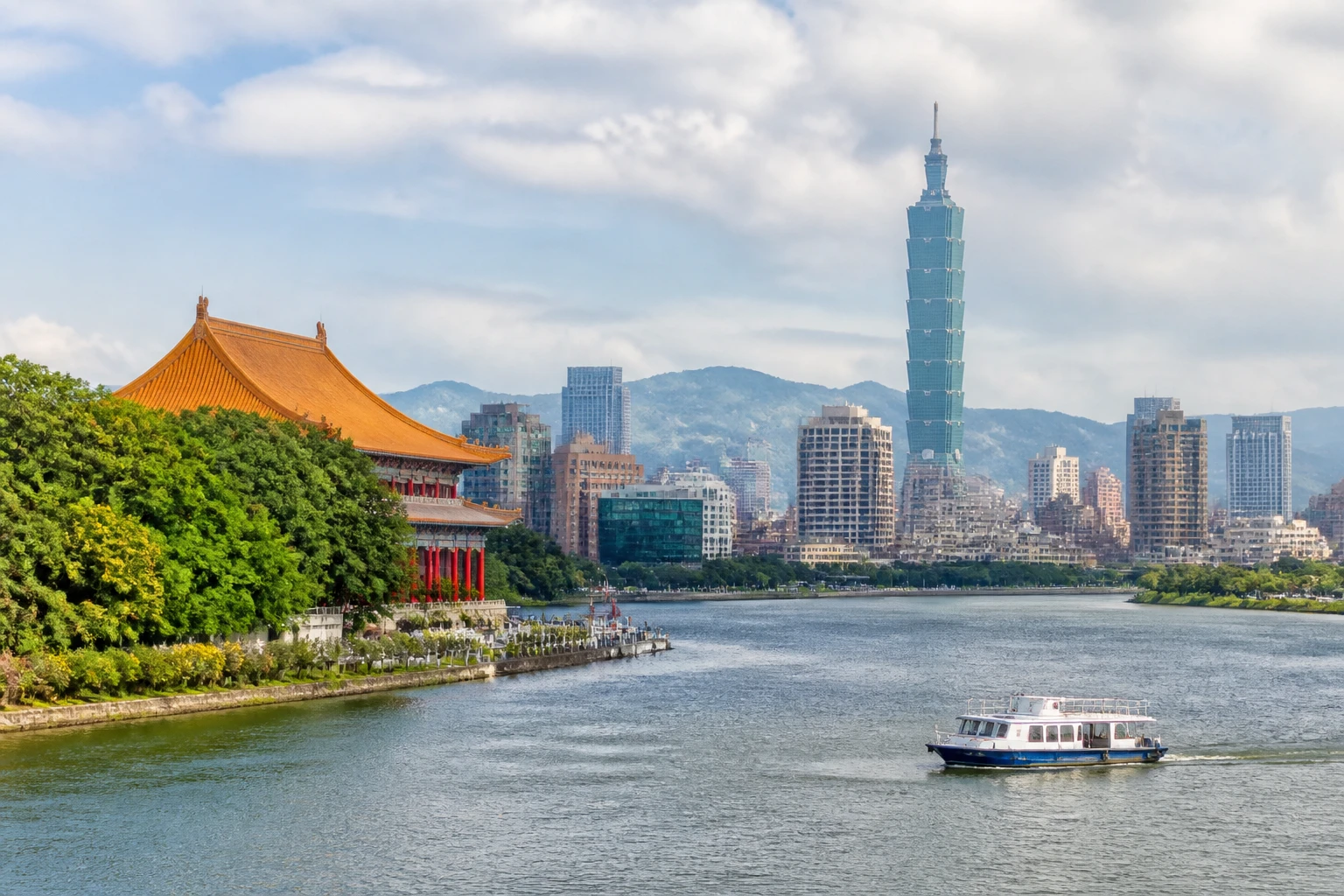 Representative city destination view: Taipei, Taiwan; passenger waterfront and harbor water, not an exact landmark photograph.