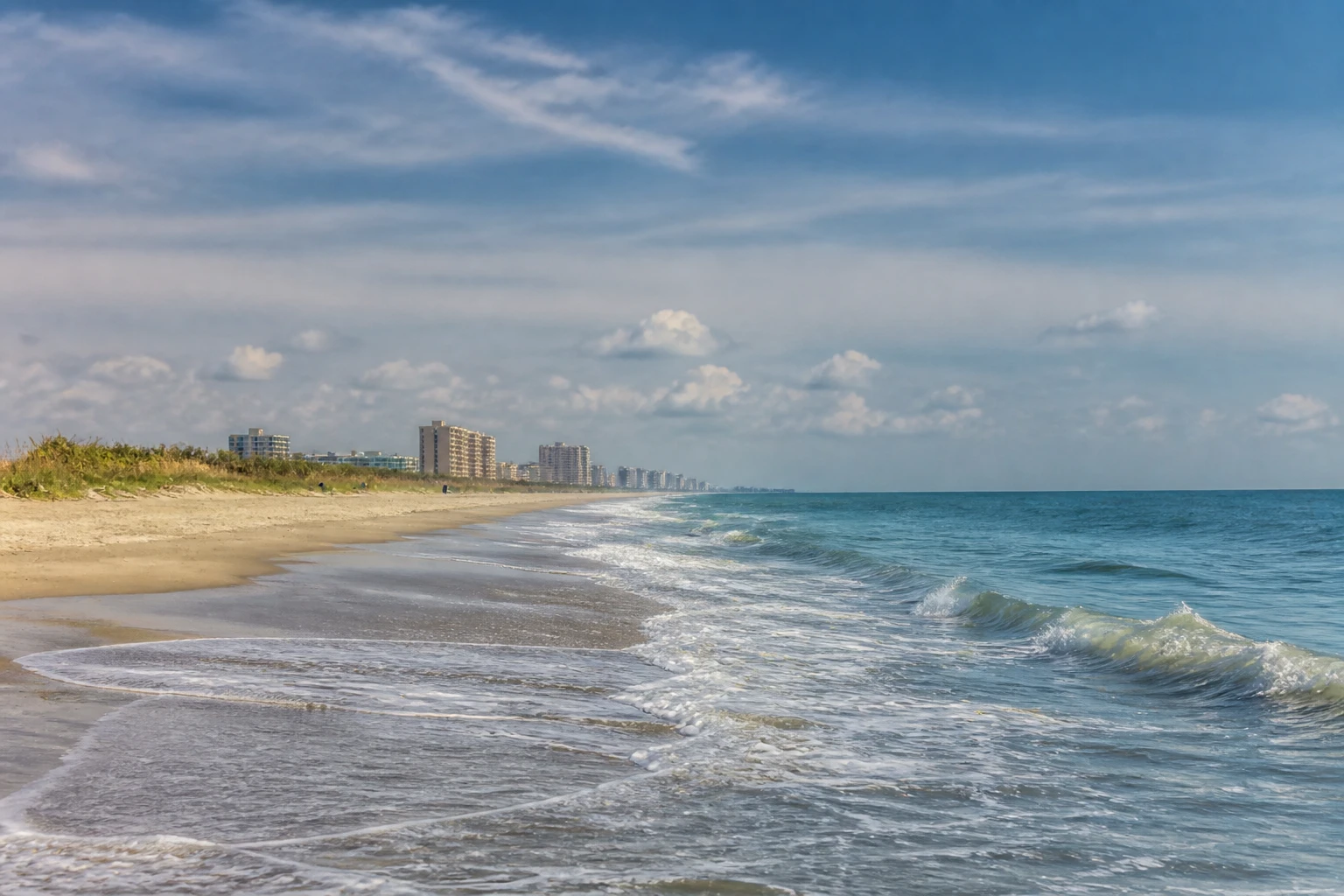 Representative coastal destination view: Myrtle Beach, United States; coastline and regional vegetation, not an exact landmark photograph.