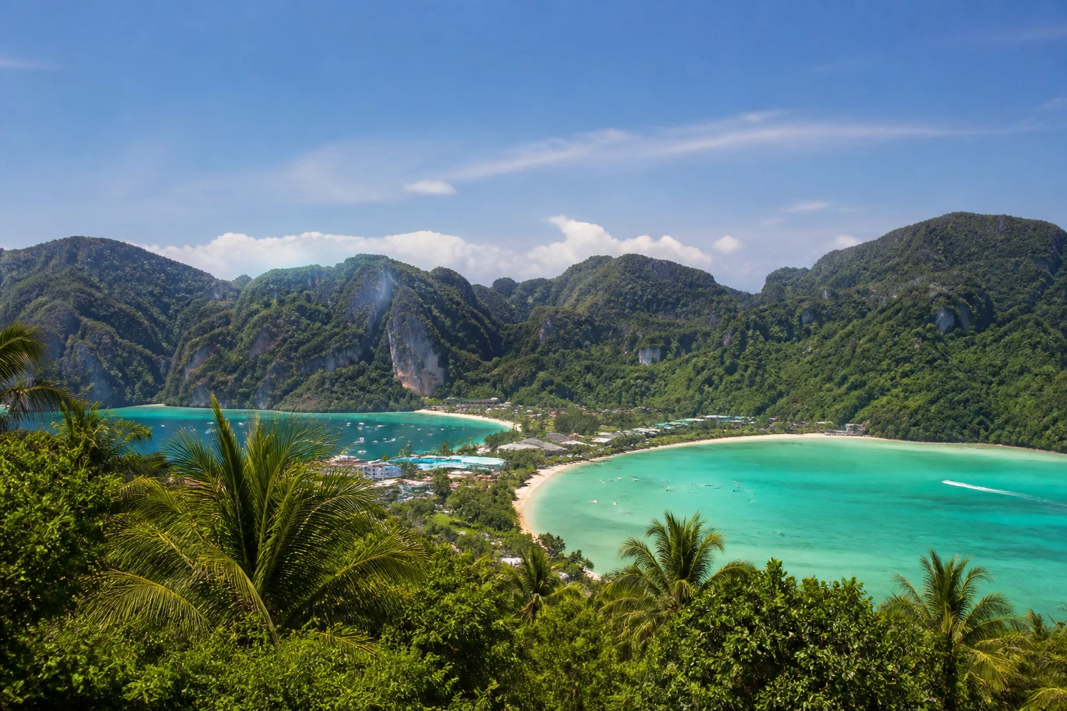 Representative island destination view: Koh Phi Phi, Thailand; coastline and regional vegetation, not an exact landmark photograph.