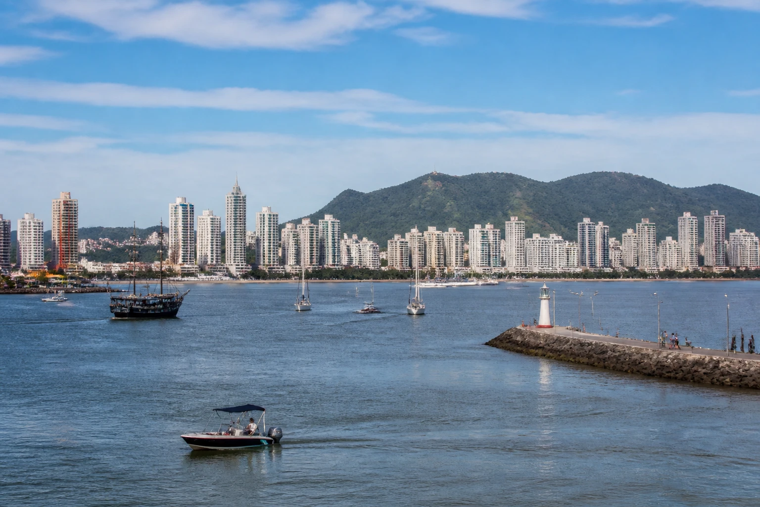 Representative cruise port destination view: Camboriu, Brazil; passenger waterfront and harbor water, not an exact landmark photograph.