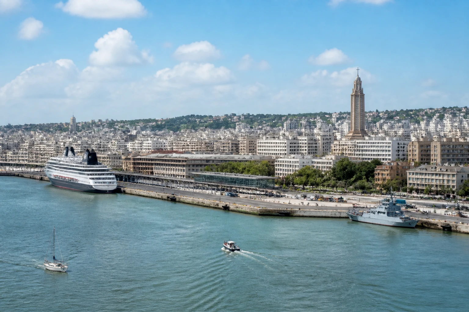 Representative cruise port destination view: Le Havre, France; passenger waterfront and harbor water, not an exact landmark photograph.
