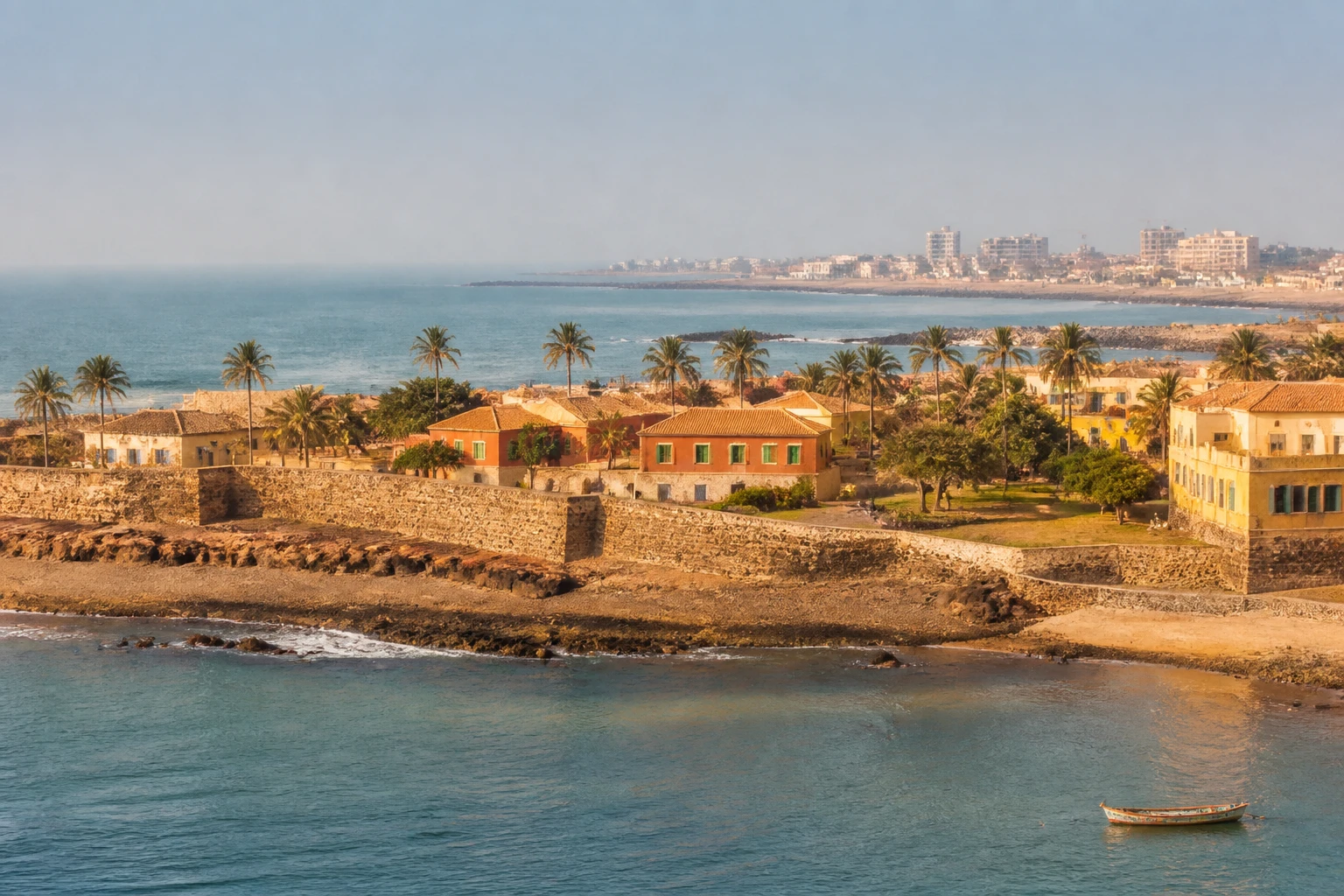 Representative city destination view: Dakar and Goree Island, Senegal; coastline and regional vegetation, not an exact landmark photograph.
