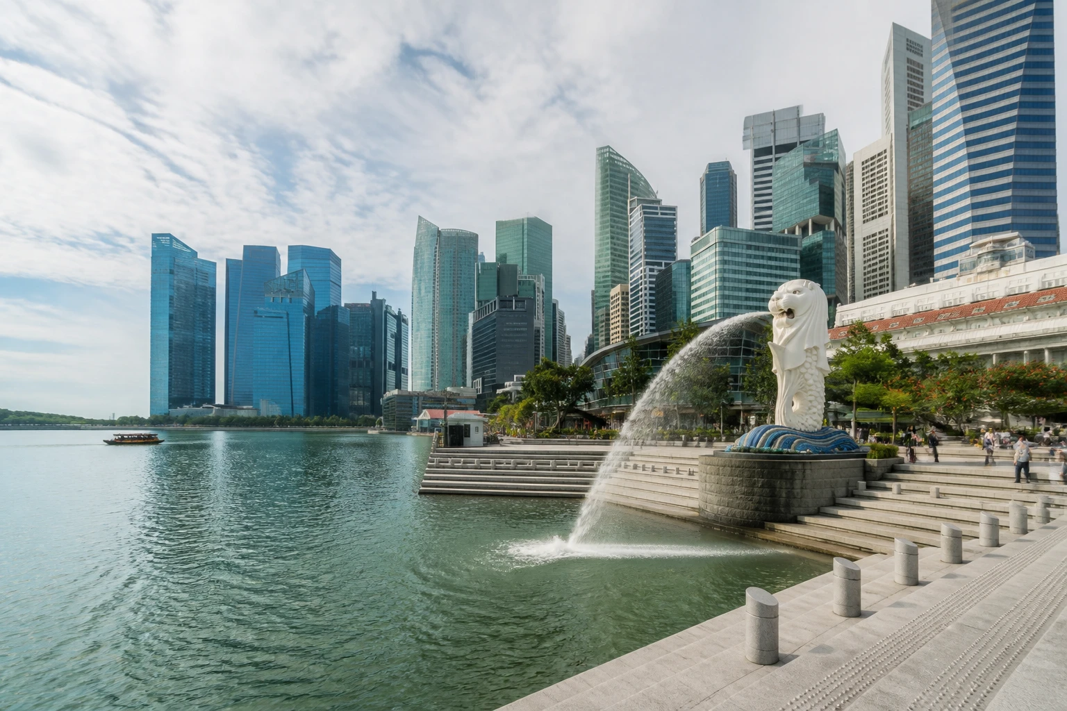 Representative city destination view: Singapore; passenger waterfront and harbor water, not an exact landmark photograph.