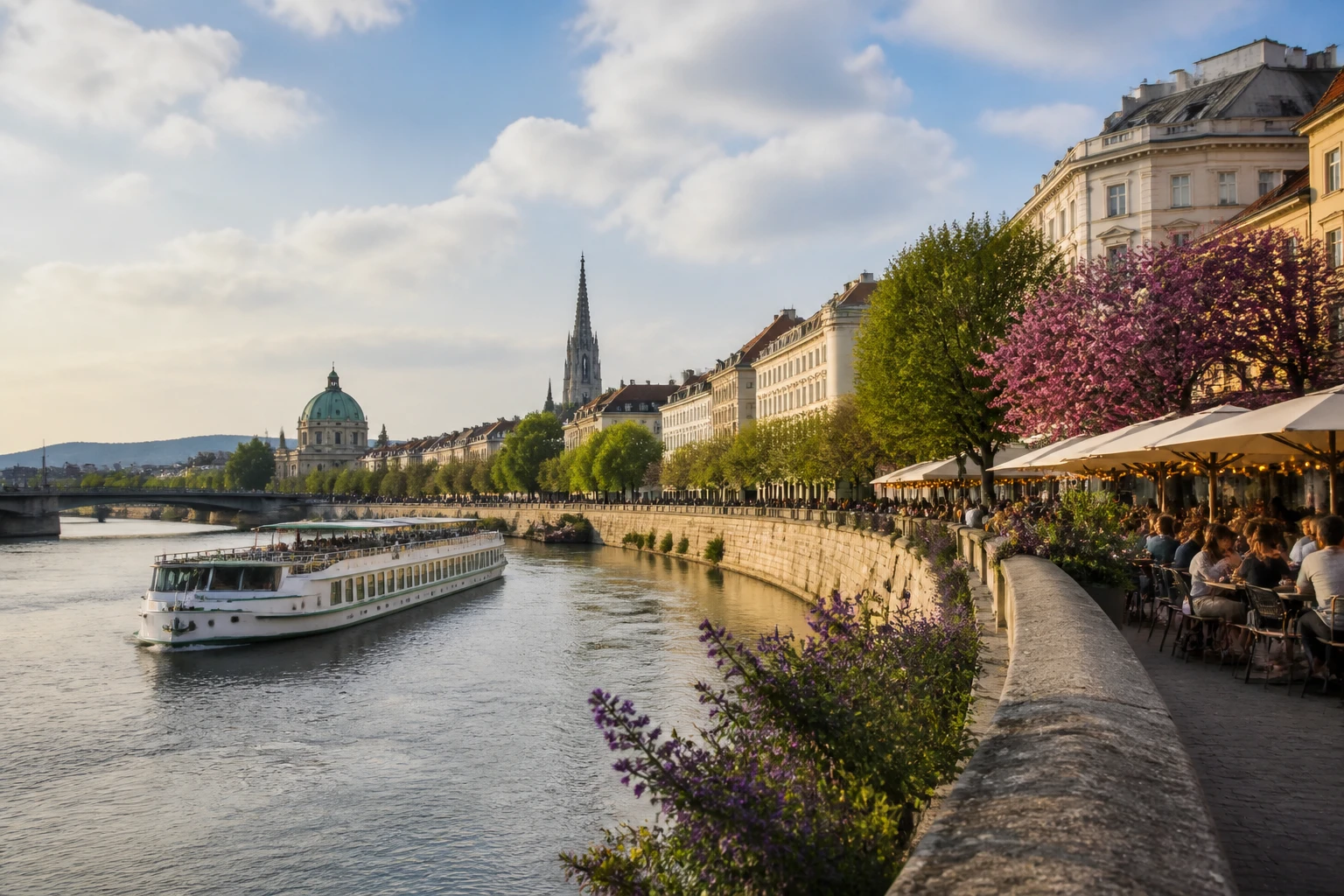 Representative river destination view: Vienna, Austria; inland water, regional terrain, and vegetation, not an exact landmark photograph.
