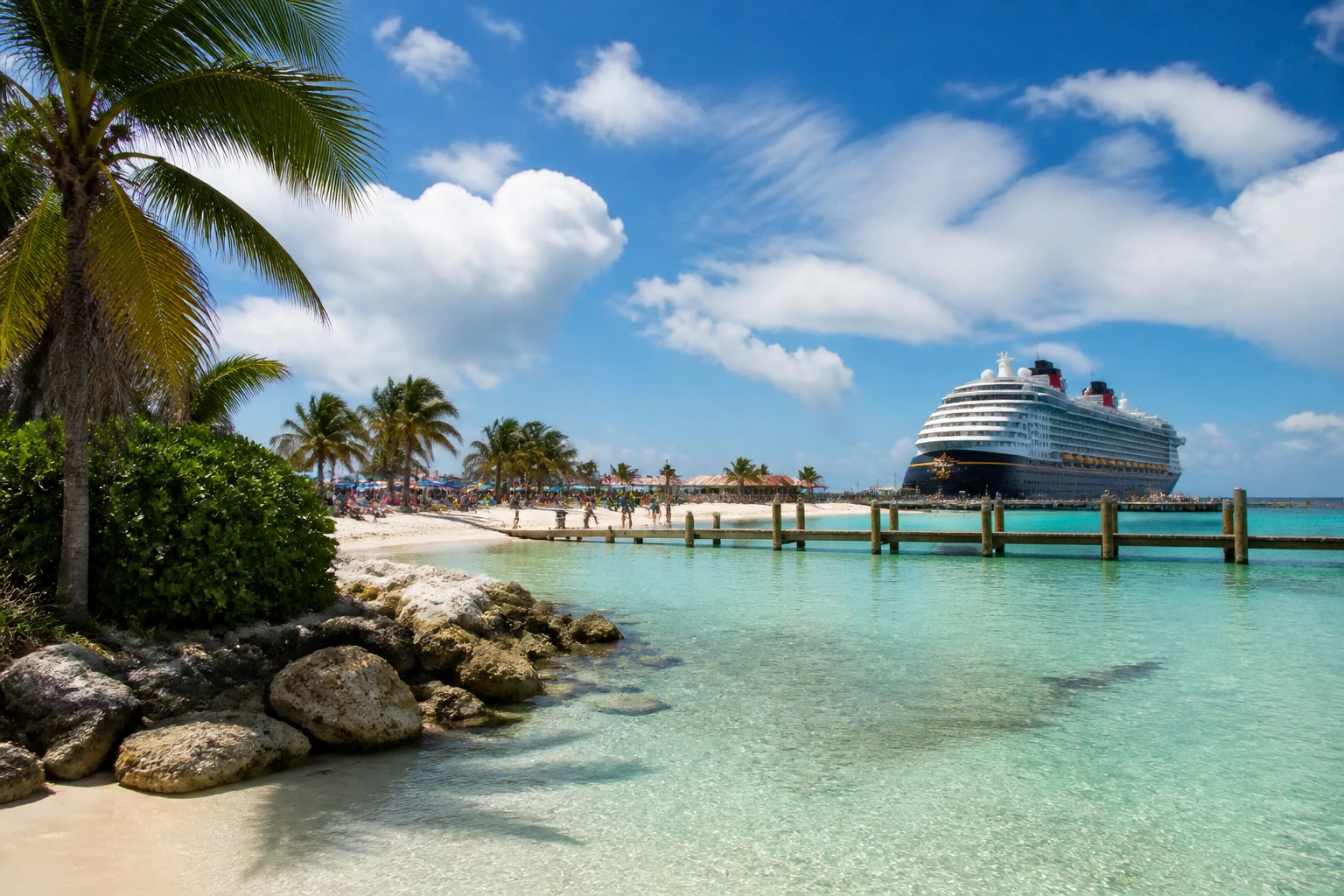 Representative cruise port destination view: Castaway Cay, Bahamas; passenger waterfront and harbor water, not an exact landmark photograph.