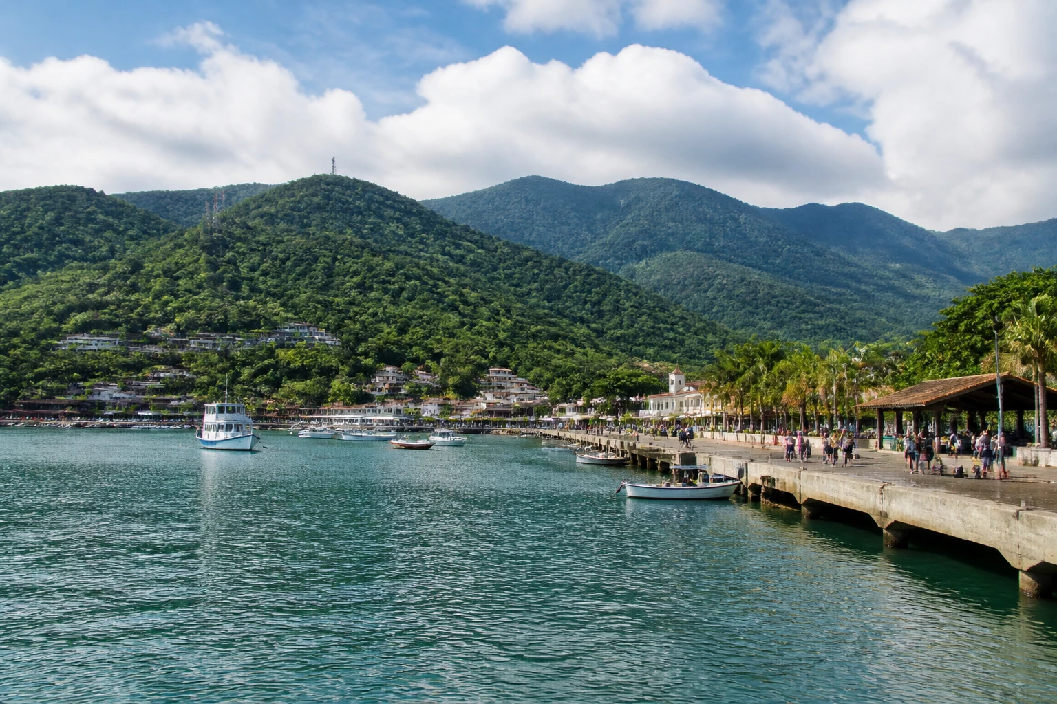 Representative cruise port destination view: Abraão, Ilha Grande, Brazil; passenger waterfront and harbor water, not an exact landmark photograph.
