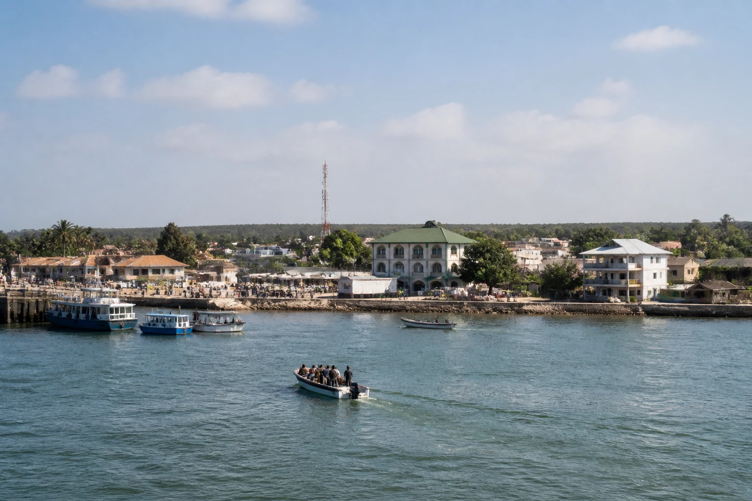 Representative cruise port destination view: Banjul, Gambia; passenger waterfront and harbor water, not an exact landmark photograph.