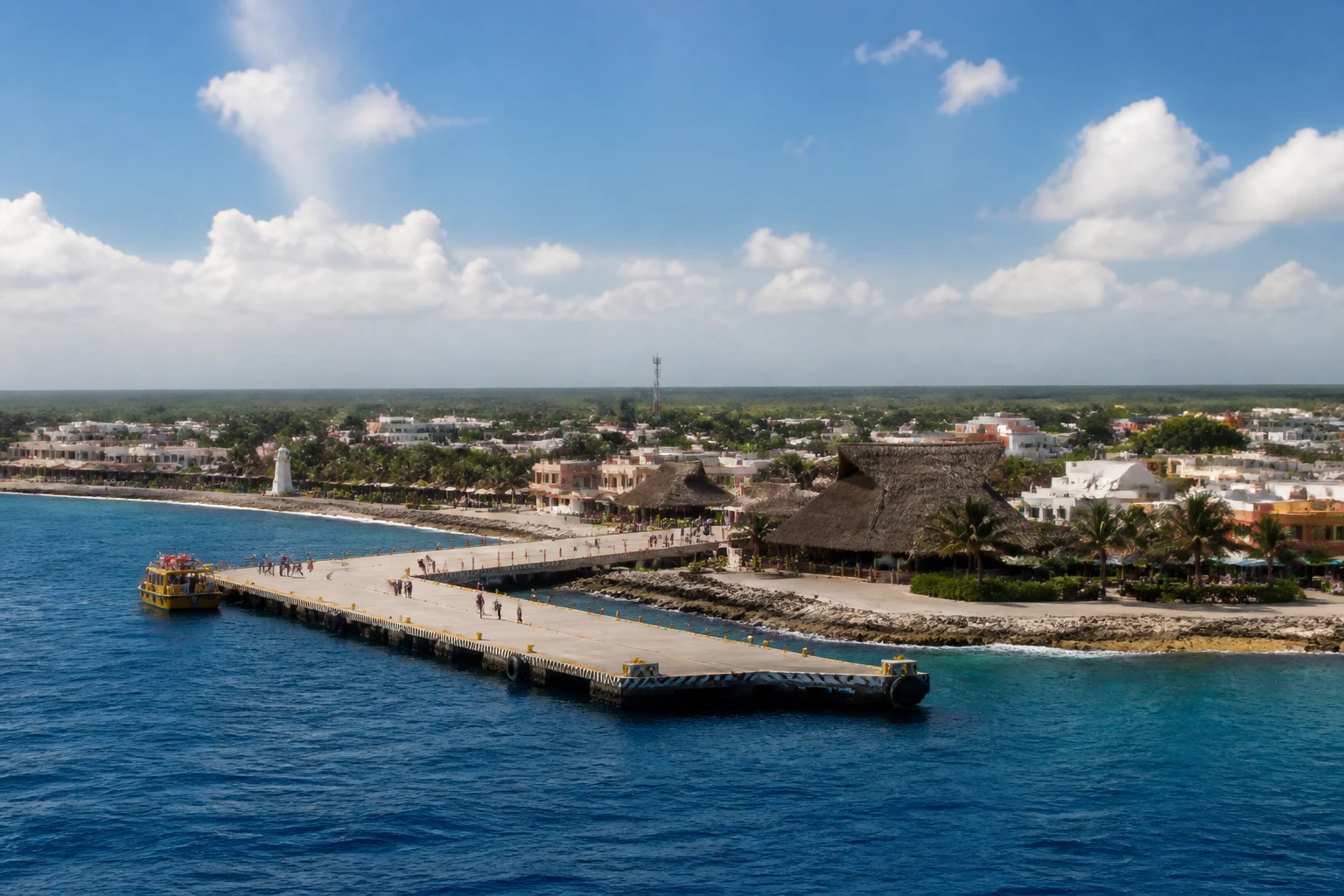 Representative cruise port destination view: Costa Maya, Mexico; passenger waterfront and harbor water, not an exact landmark photograph.