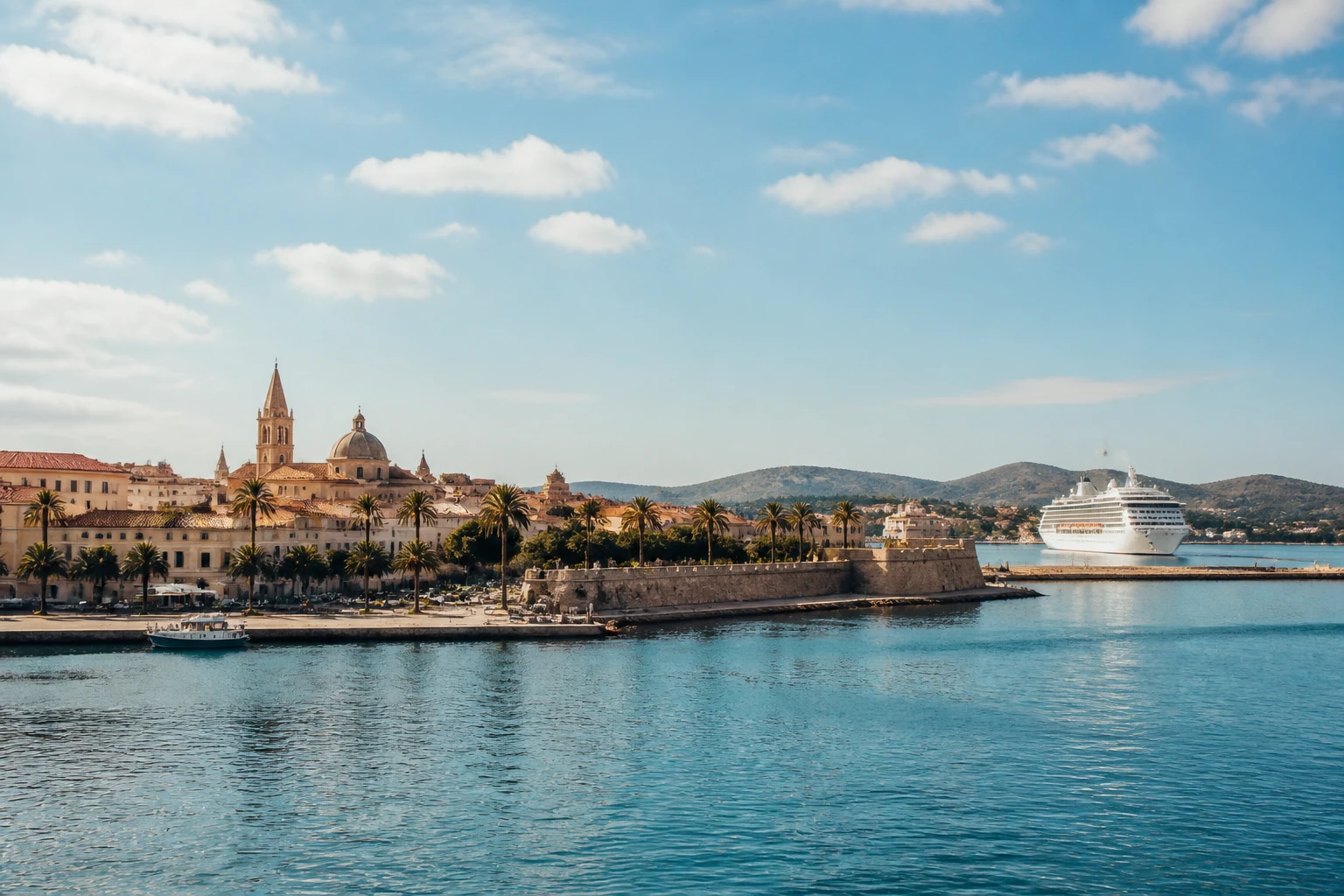 Representative cruise port destination view: Alghero, Italy; passenger waterfront and harbor water, not an exact landmark photograph.