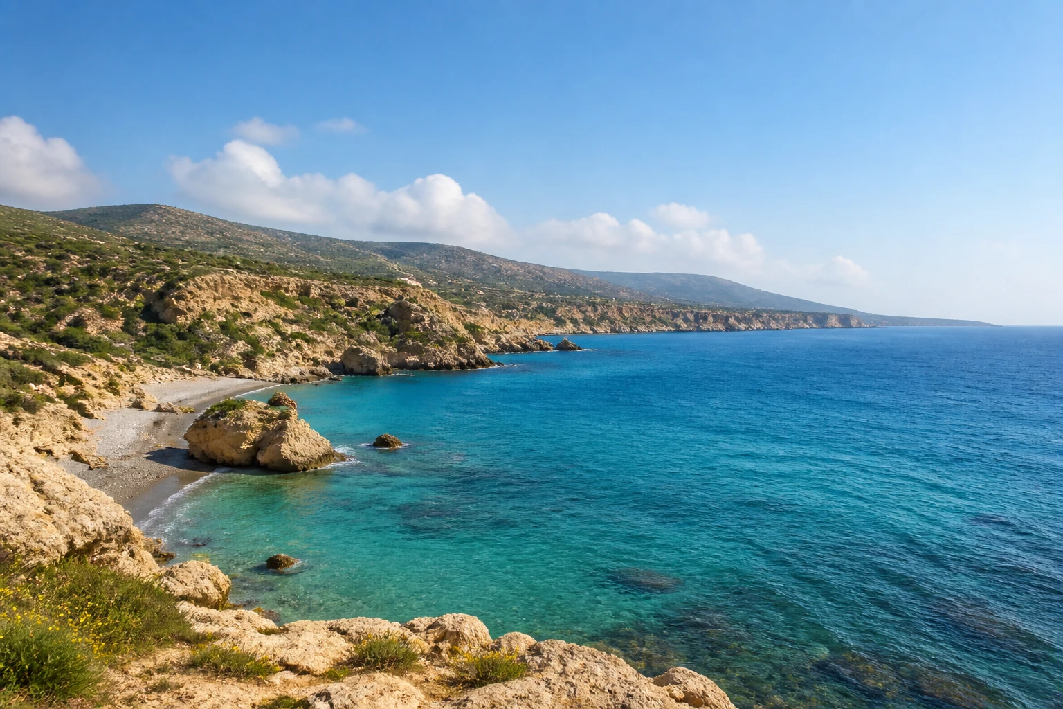 Representative island destination view of Cyprus, with coastline, shoreline geology, regional vegetation, and natural light; not an exact landmark photograph.